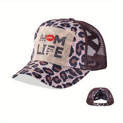 Mom Life Ponytail Baseball Cap Leopard Print Patch Trucker Hat Mesh
