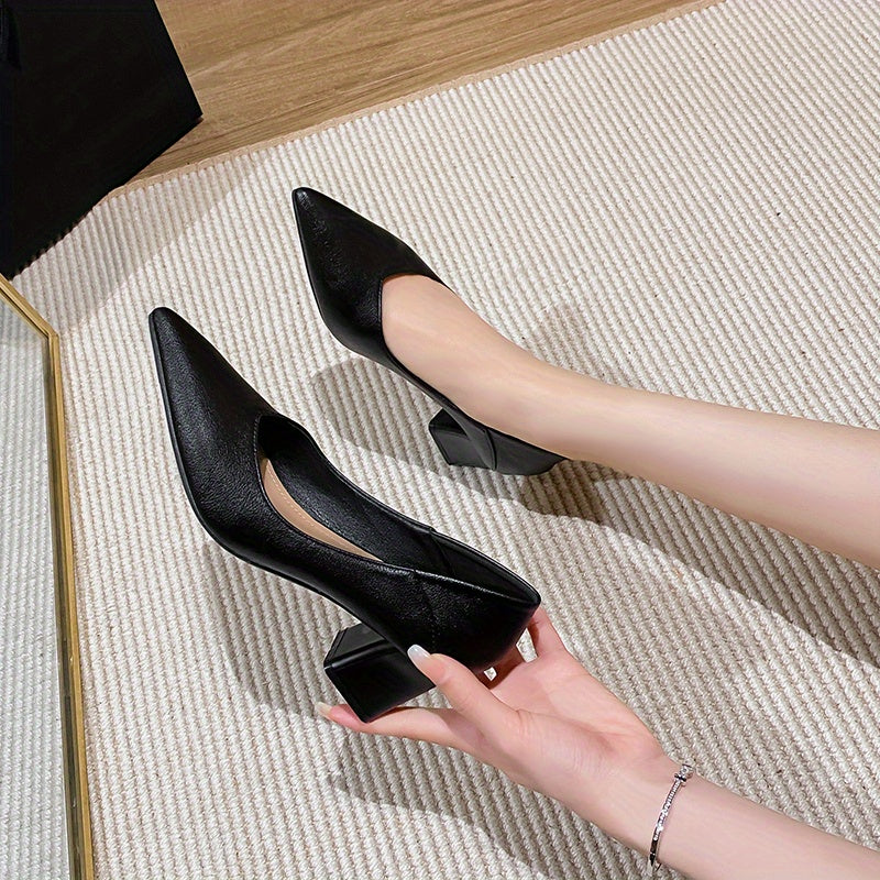 Women's Pointed Toe Mid Heels Slip On Chunky Heels Versatile Office Shoes