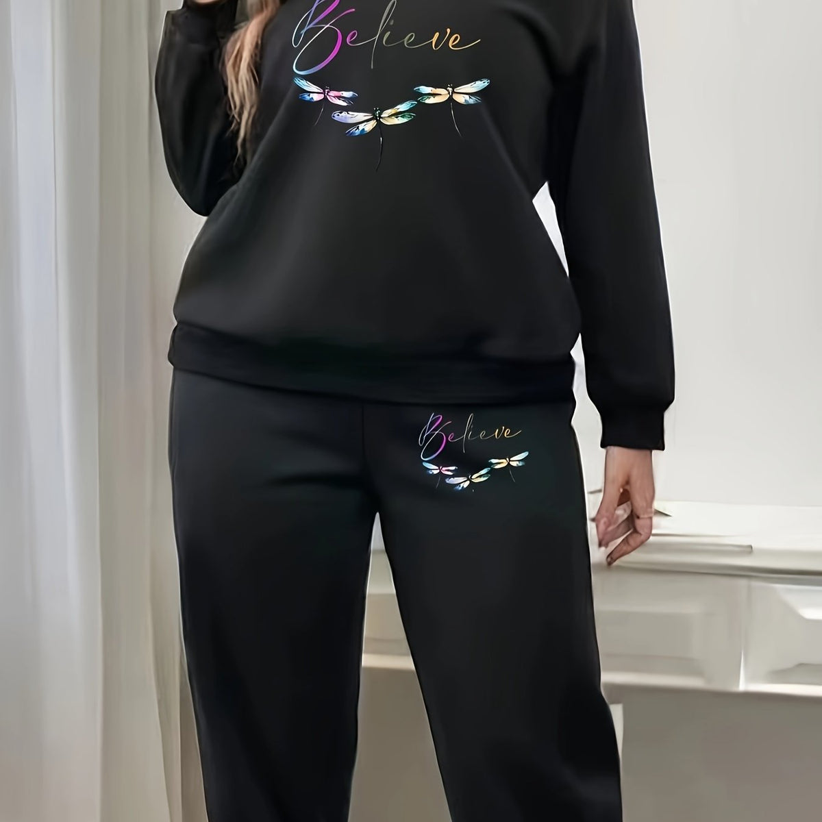 Women's Plus Dragonfly & Letter Print Fleece Pullover & Joggers Set