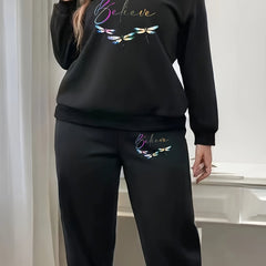Women's Plus Dragonfly & Letter Print Fleece Pullover & Joggers Set