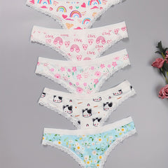 5 Pack Plus Size Panties Set Women's Plus Cat & Heart & Daisy Print