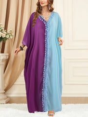  Casual Kaftan Dress Women's Plus Colorblock Tassel Trim Maxi Jalabiya
