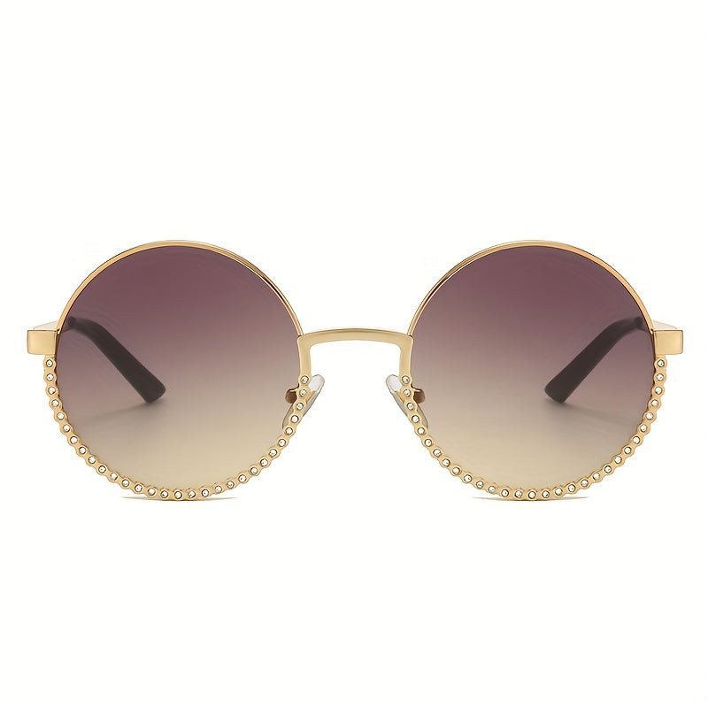 Round Metal Frame Sunglasses Rhinestone Decor Gradient Glasses UV400