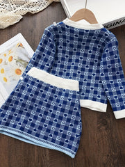 Toddler Girl's Cable Knit 2pcs Plaid Pattern Cardigan & Bowknot Decor Skirt Set