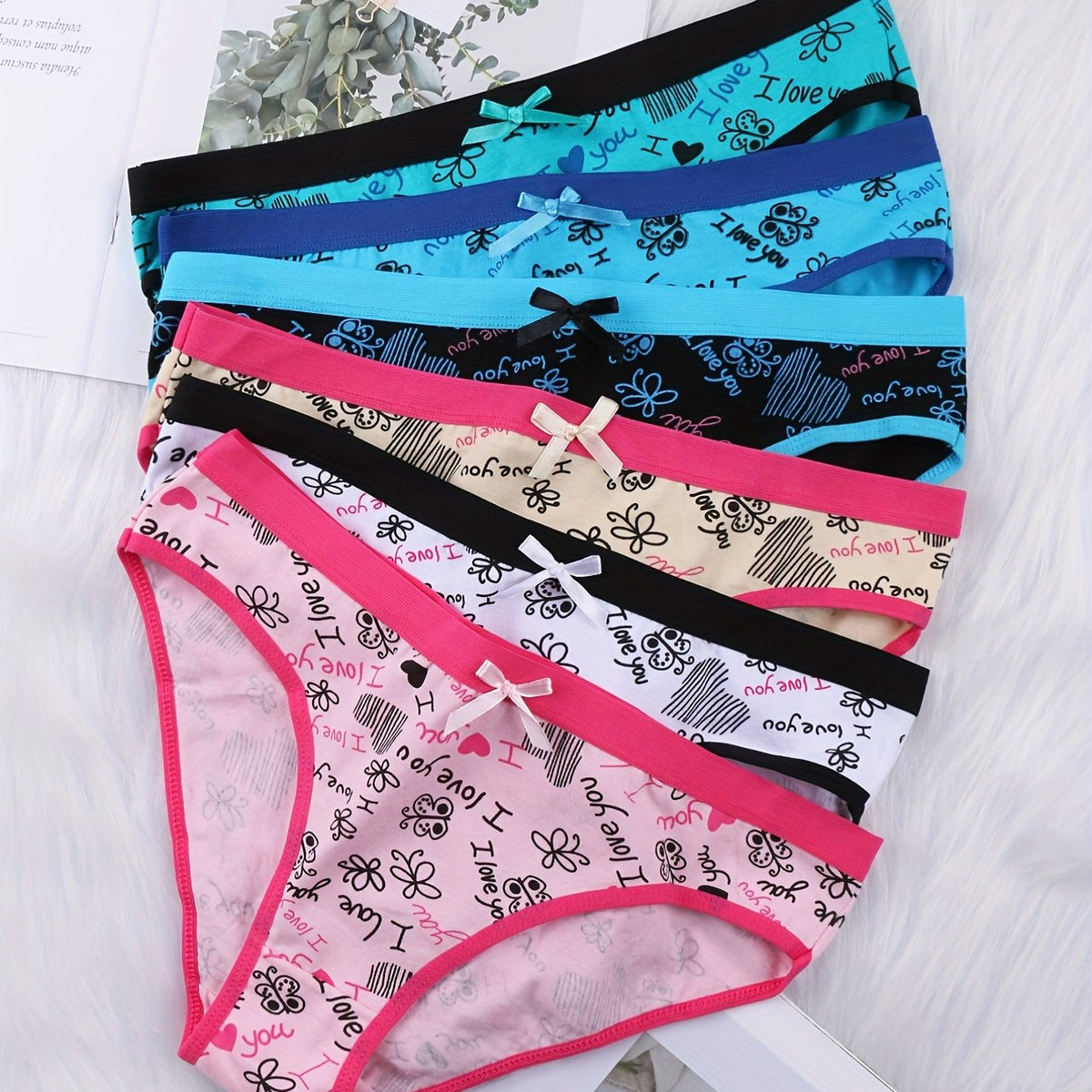 6 Pack Plus Size Panties Set Women's Plus Butterfly & Heart Print Briefs