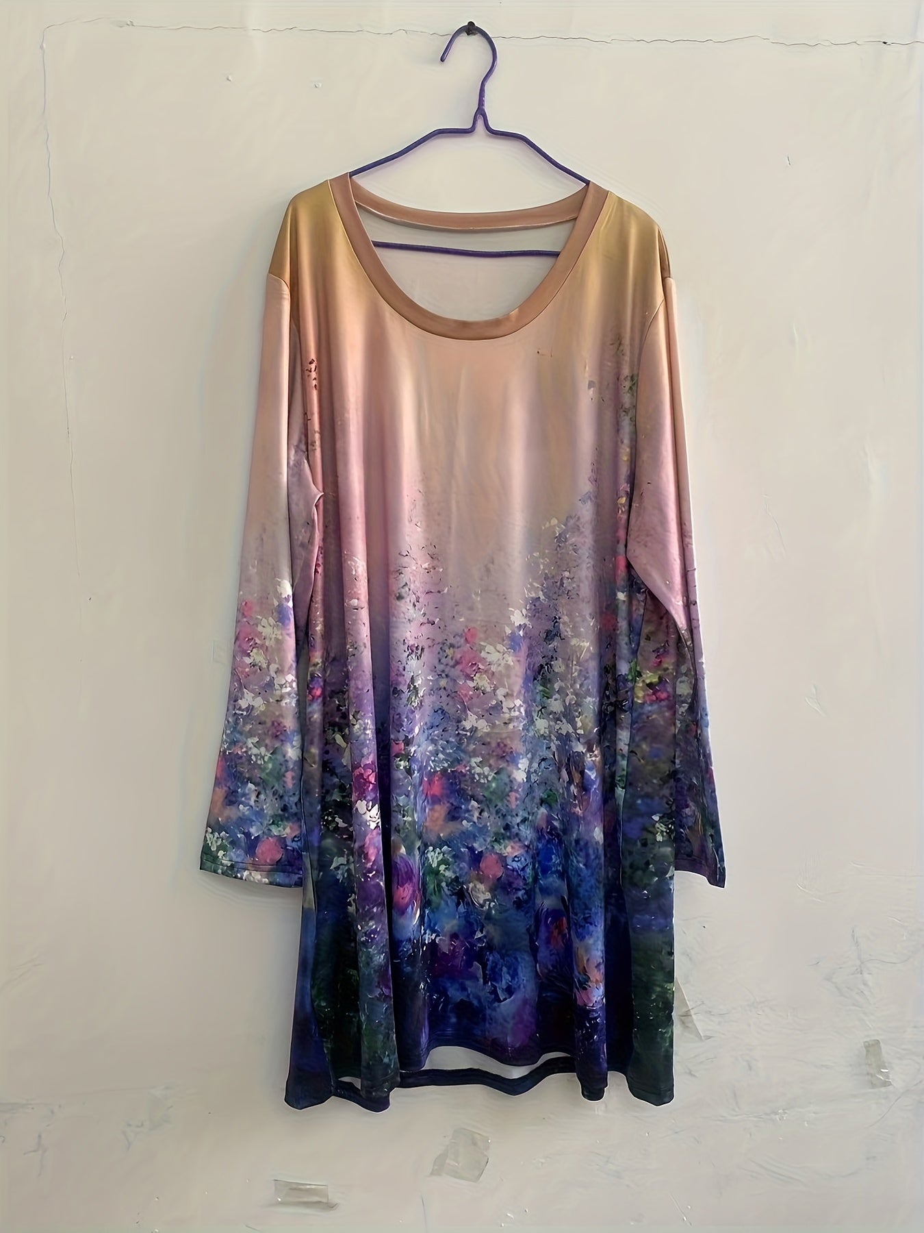  Floral Print Long Sleeve Round Neck Dress