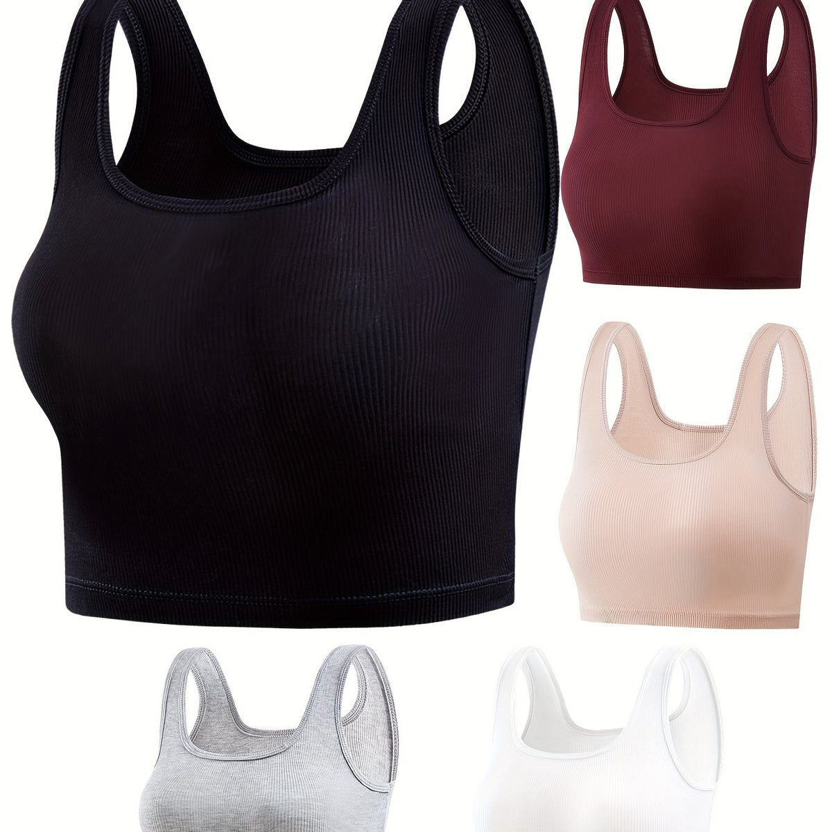 5pcs Ribbed Tank Tops Sleeveless Slim Fit Women Lingerie