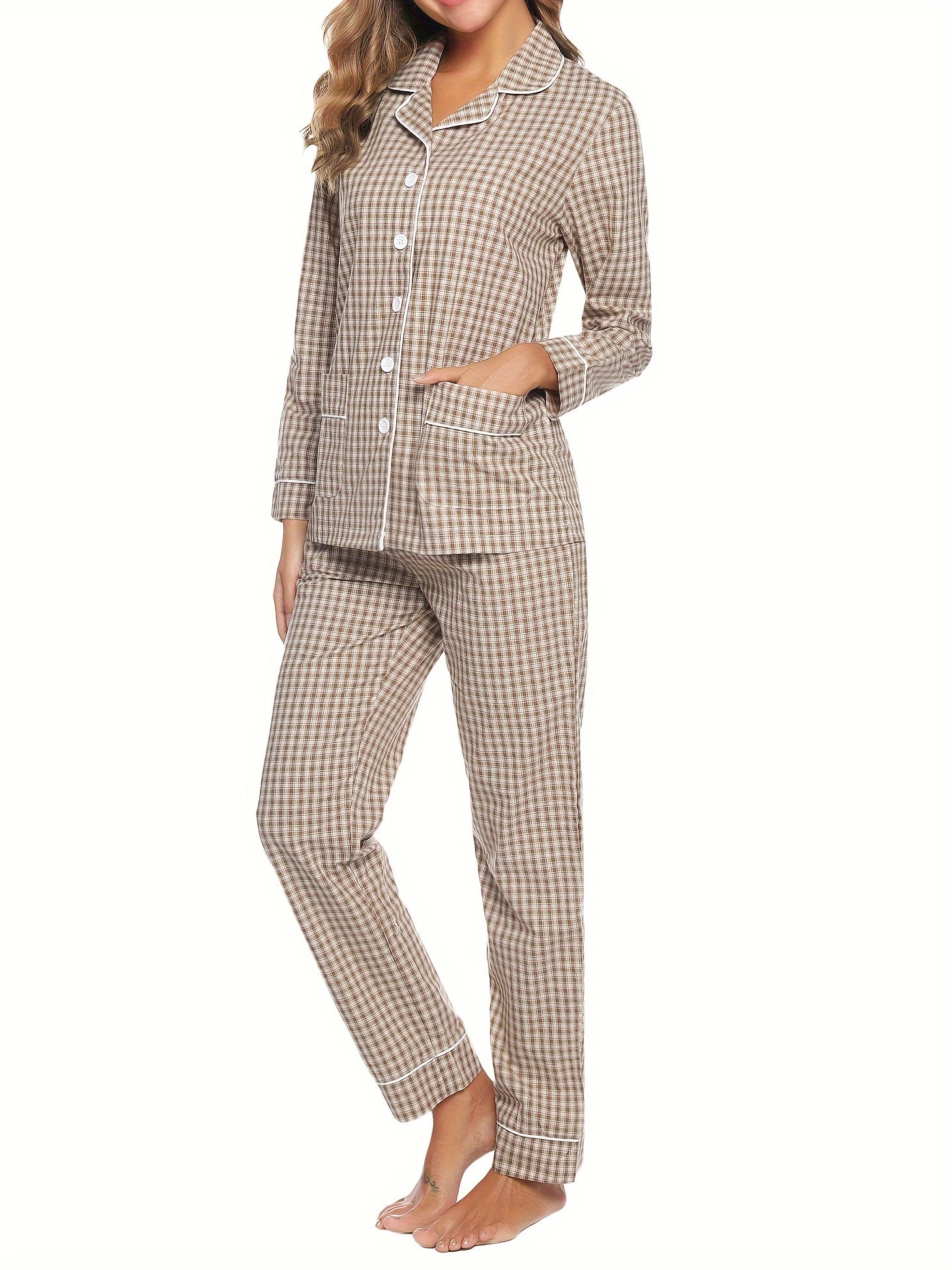Plaid Print Lounge Set Long Sleeve Buttons Top & Elastic Waistband Pants