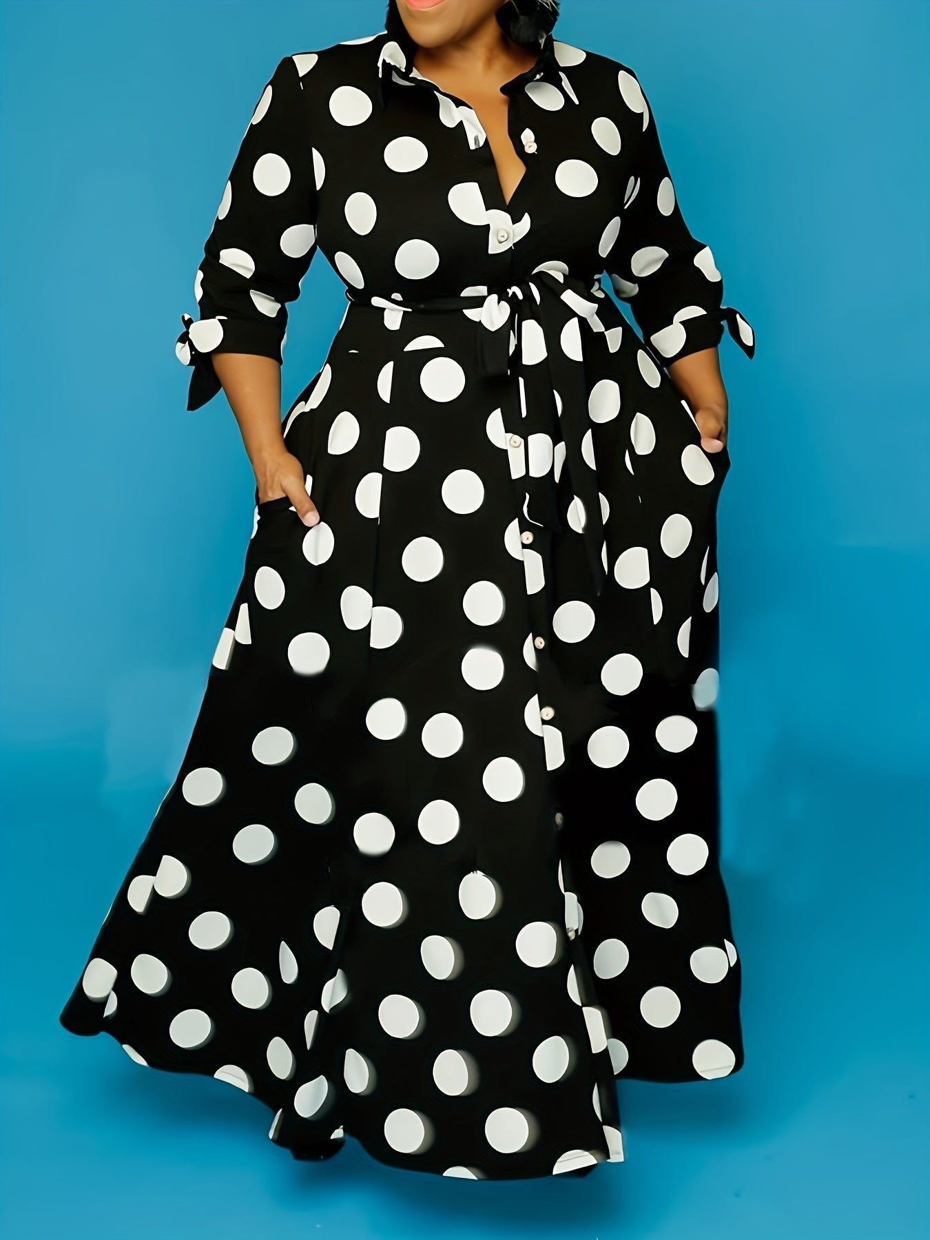 Maxi Dress Women's Plus Polka Dots Print Button Up