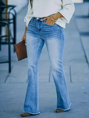  Washed Button Fly Fringe Trim Flared Jeans