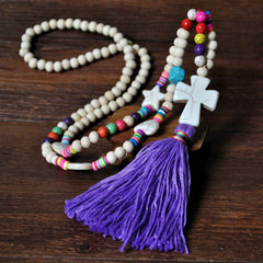 Colorful Beaded Tassel Long Necklace Stone Pendant Boho Summer Jewelry