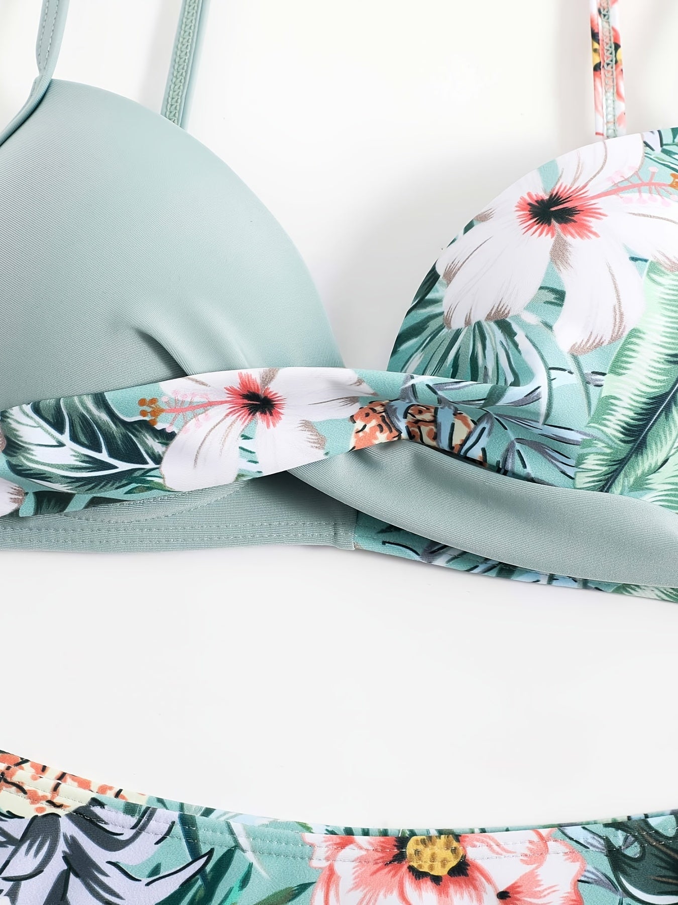 Tropical Print V Neck Bikini Set Ruched Spaghetti Straps Tie Side Swimsuit