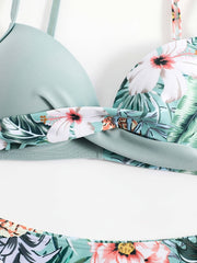 Tropical Print V Neck Bikini Set Ruched Spaghetti Straps Tie Side Swimsuit