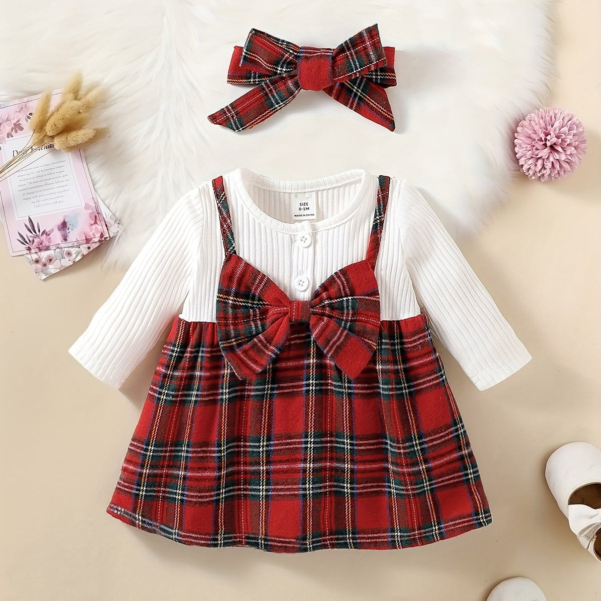 Baby Girls Plaid Dress and Headband Set