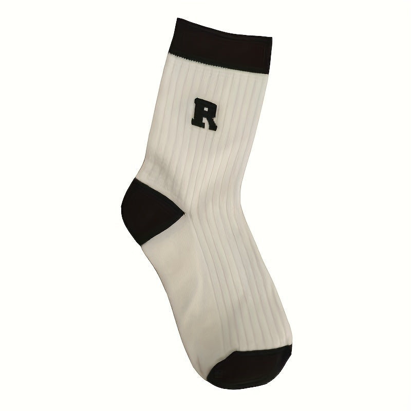 5 Pairs Letter Print Striped Socks Crew Sports Women's Stockings