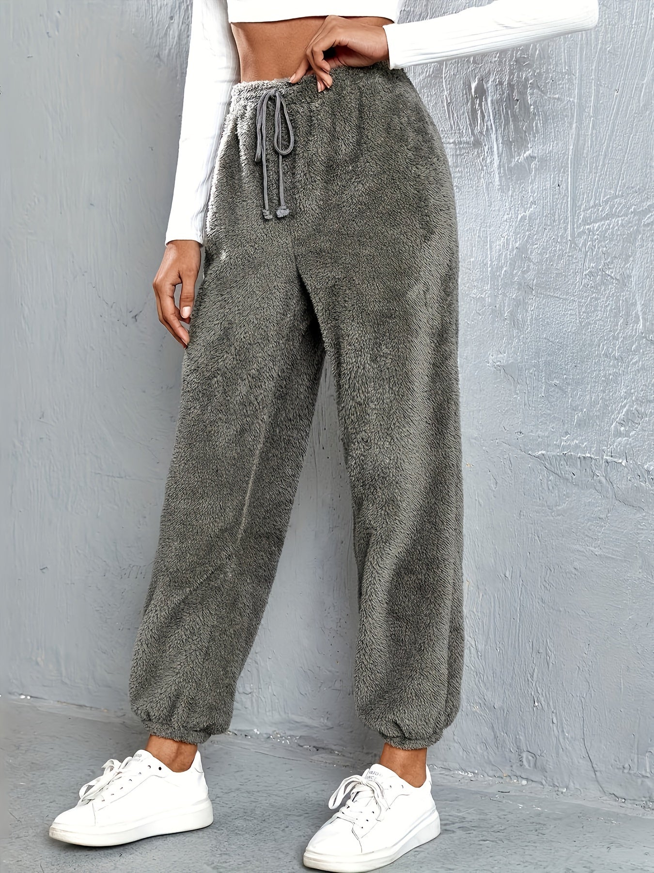  Casual Pants Women's Solid Fleece High Rise Elastic Drawstring Joggers