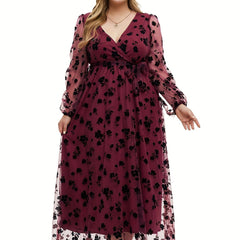  Women's Floral Print Surplice Neck Mesh Dress