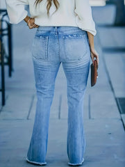  Washed Button Fly Fringe Trim Flared Jeans