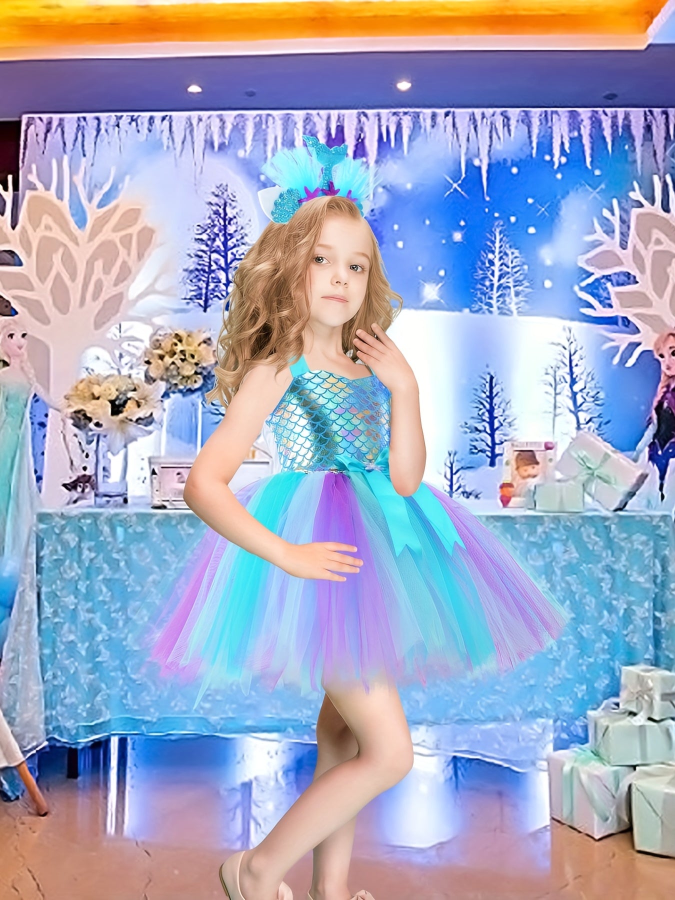 Mermaid Cosplay Costume & Headband 2pcs Toddler Girl's Halter Neck Mesh Dress