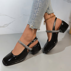 Women's Rhinestone Strap Chunky Heels Faux Leather Slingback Shoes