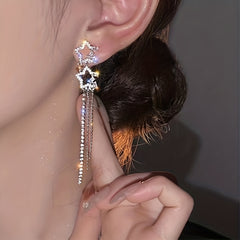 Hollow Star Long Tassel Earrings Double Star Inlaid Zircon Jewelry Gift