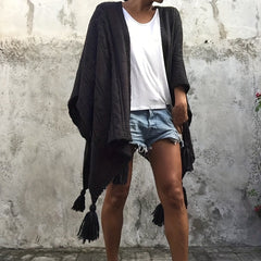 Ribbed Knitted Tassel Shawl Windproof Wrap Poncho Boho Cloak Sweater