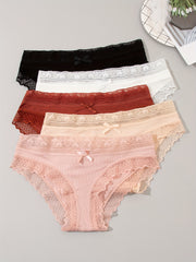 5pcs Lace Trim Ribbed Briefs Stretchy Panties Women's Lingerie