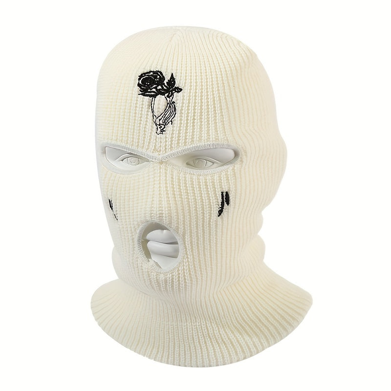 Unisex Thermal 3 Hole Knitted Mask with Flower Embroidery