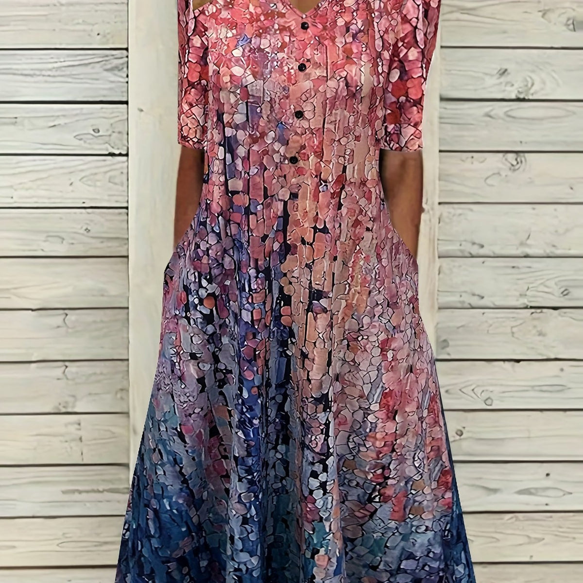  Allover Print Short Sleeve V Neck Dress With Pockets