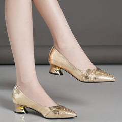 Women's Snake Print Chunky Heels Point Toe Pumps