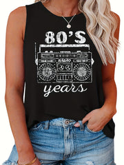  Casual Tank Top Women's Plus Radio & Letter Print Round Neck Tank Top
