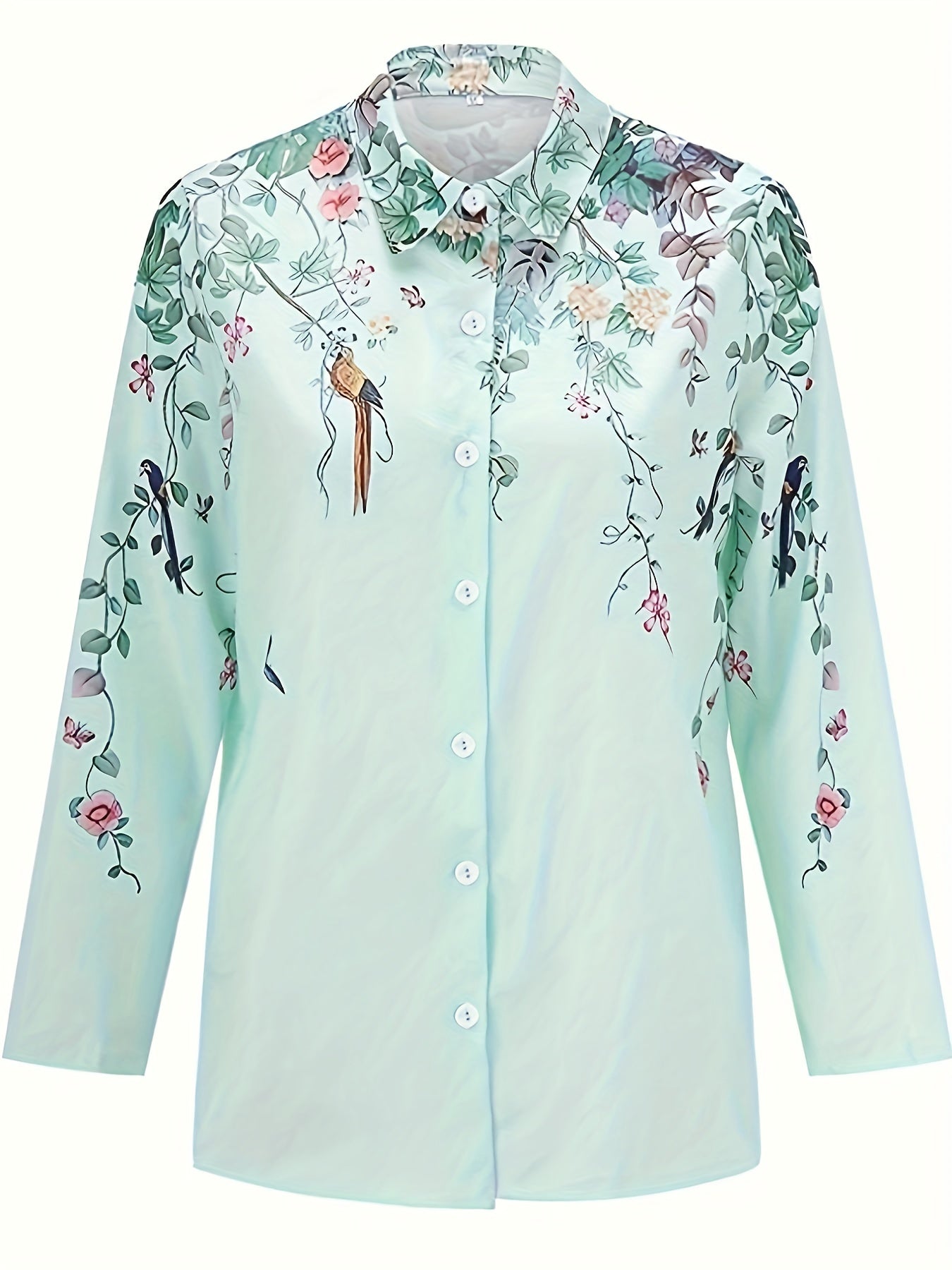  Floral Bird Print Long Sleeve Blouse
