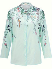  Floral Bird Print Long Sleeve Blouse