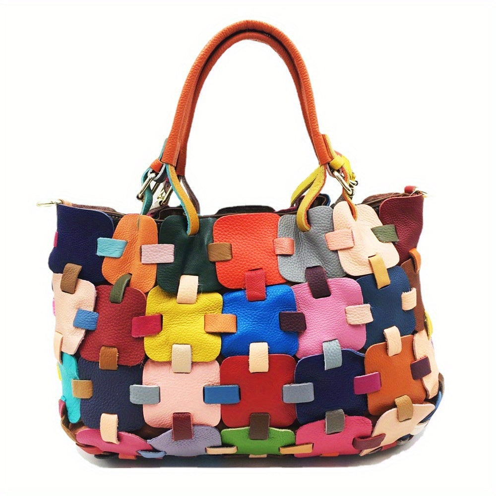 Patchwork Tote Bag Leather Shoulder Bag Casual Commuter Bag