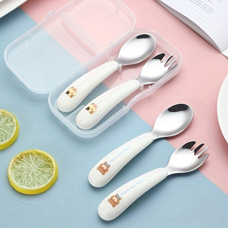 304 Stainless Steel Kids Portable Cutlery Fork Spoon Cartoon Baby Training