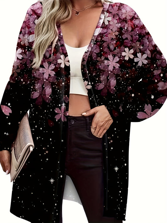  Floral Print Long Sleeve Open Front Cardigan