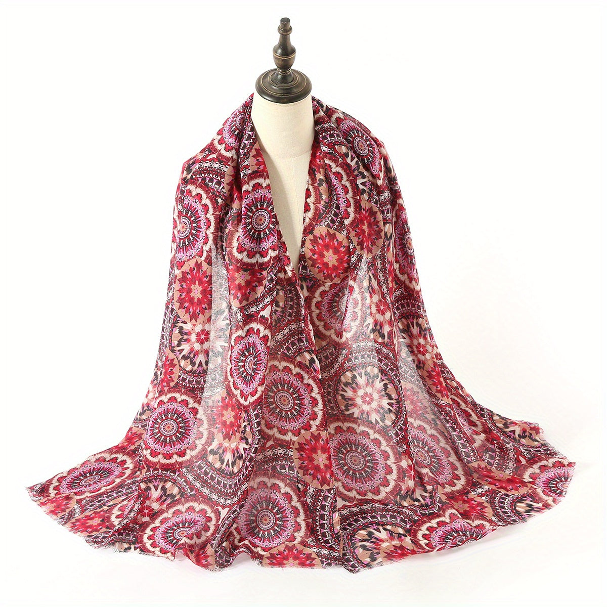 Boho Geometric Print Scarf Vintage Frayed Edge Shawl