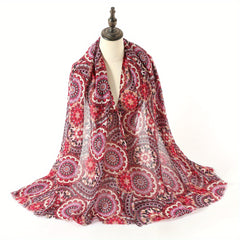 Boho Geometric Print Scarf Vintage Frayed Edge Shawl