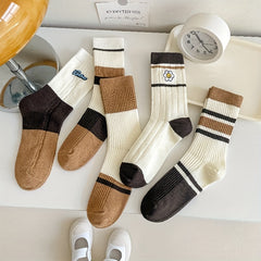 5 Pairs Striped Colorblock Socks Embroidery Crew Socks Women's Stockings