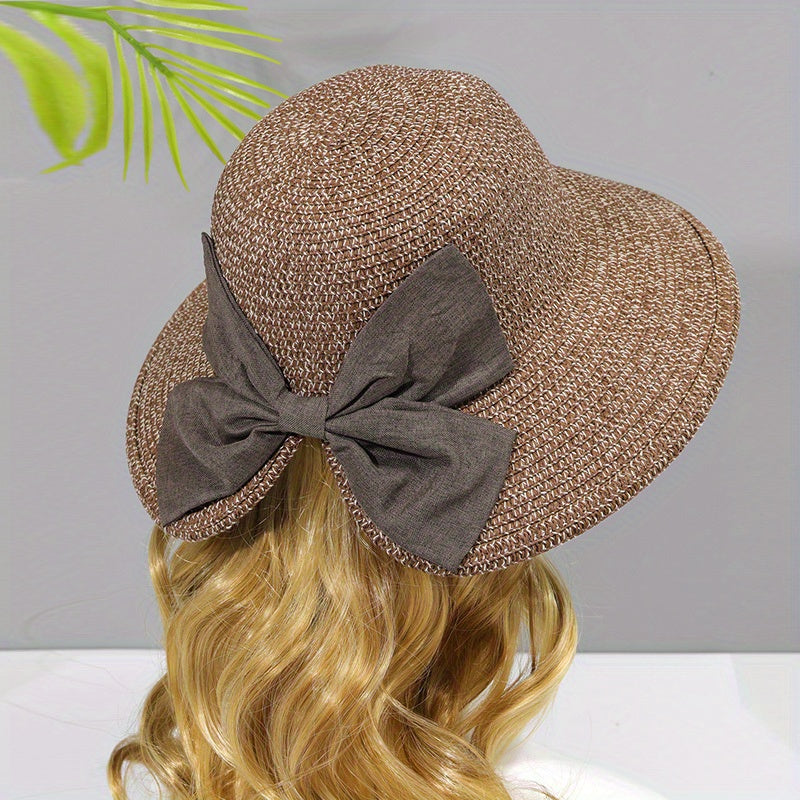 Bowknot Ponytail Sun Hat Straw Plaid Basin Hat