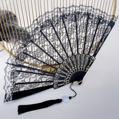 Lace Floral Pattern Folding Fan with Tassel