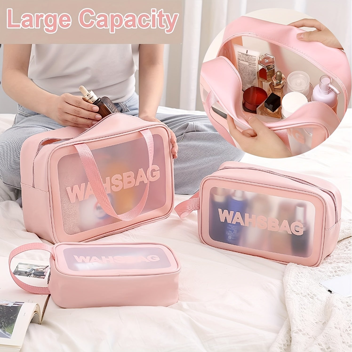 3Pcs Clear Travel Cosmetic Bag Set Waterproof Makeup Bag Portable Toiletry Bag