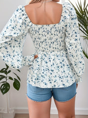 Ditsy Print Lantern Sleeve Peplum Top