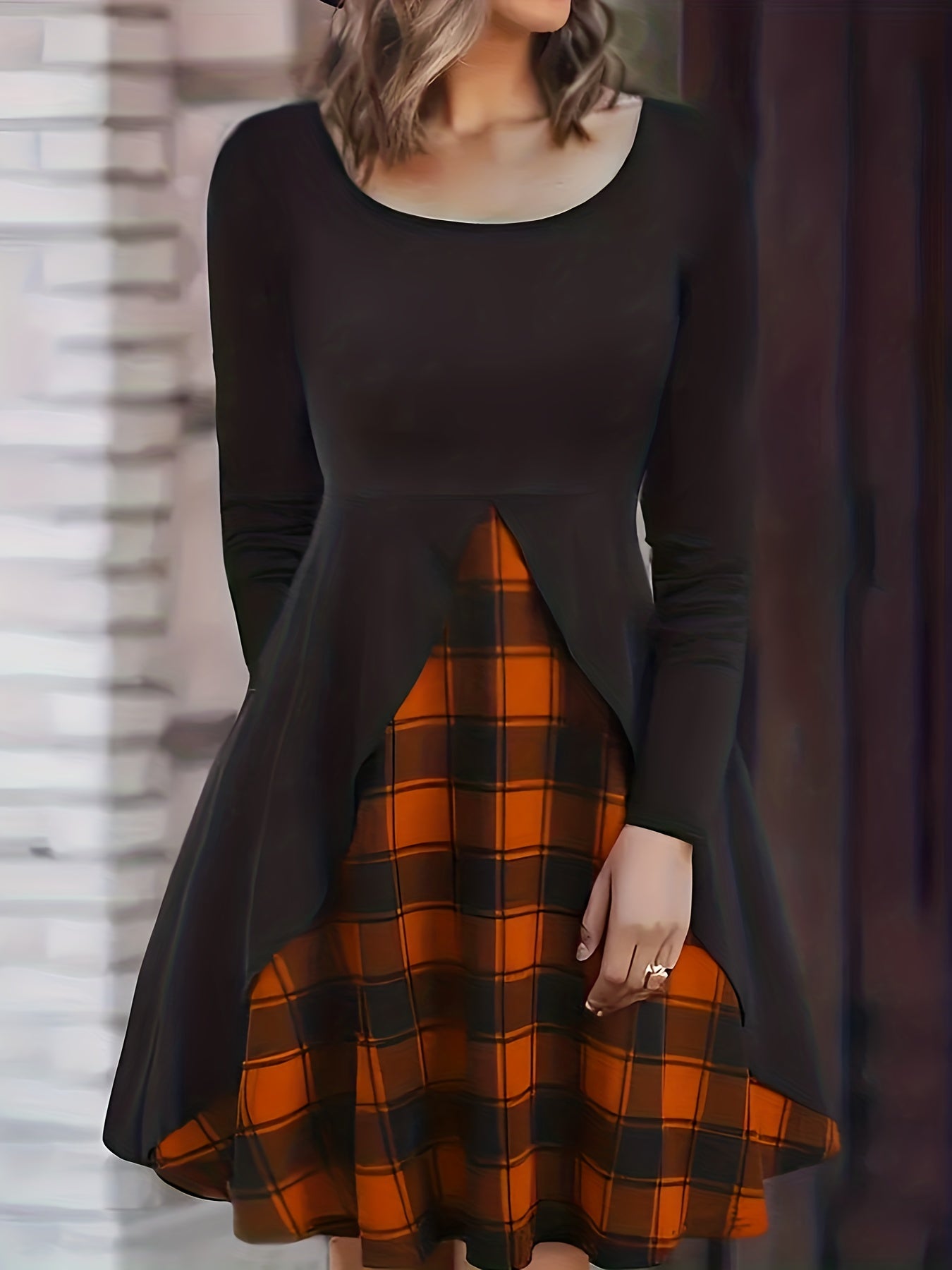  Colorblock Plaid Print Round Neck Midi Dress