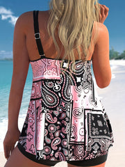  Boho Tankini Set Paisley Scarf Print Round Neck Cami & Shorts Swimsuit