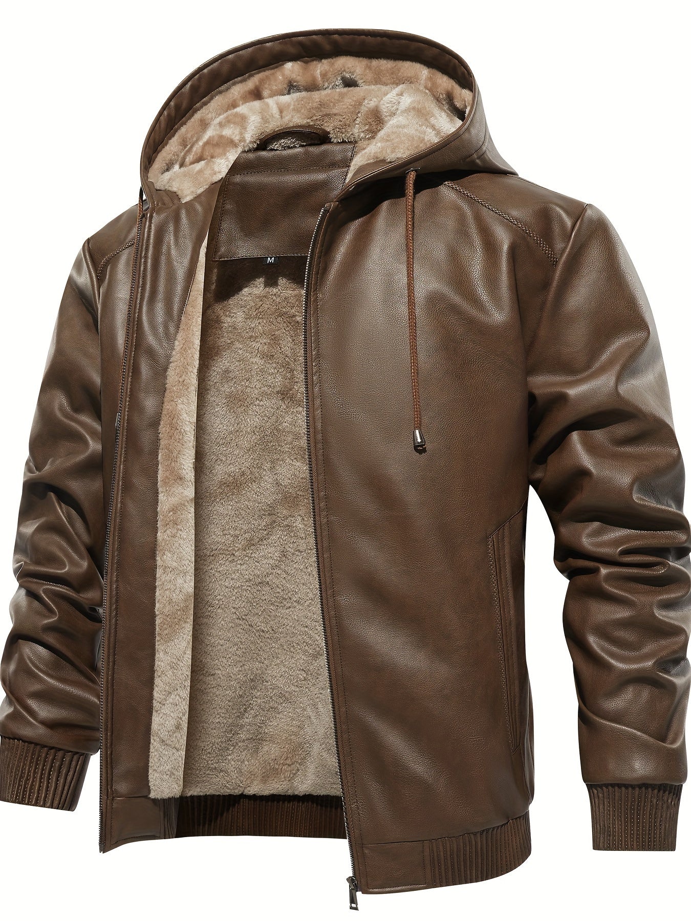 Men's PU Leather Hooded Jacket Windproof Waterproof Thick