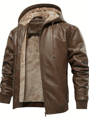 Men's PU Leather Hooded Jacket Windproof Waterproof Thick