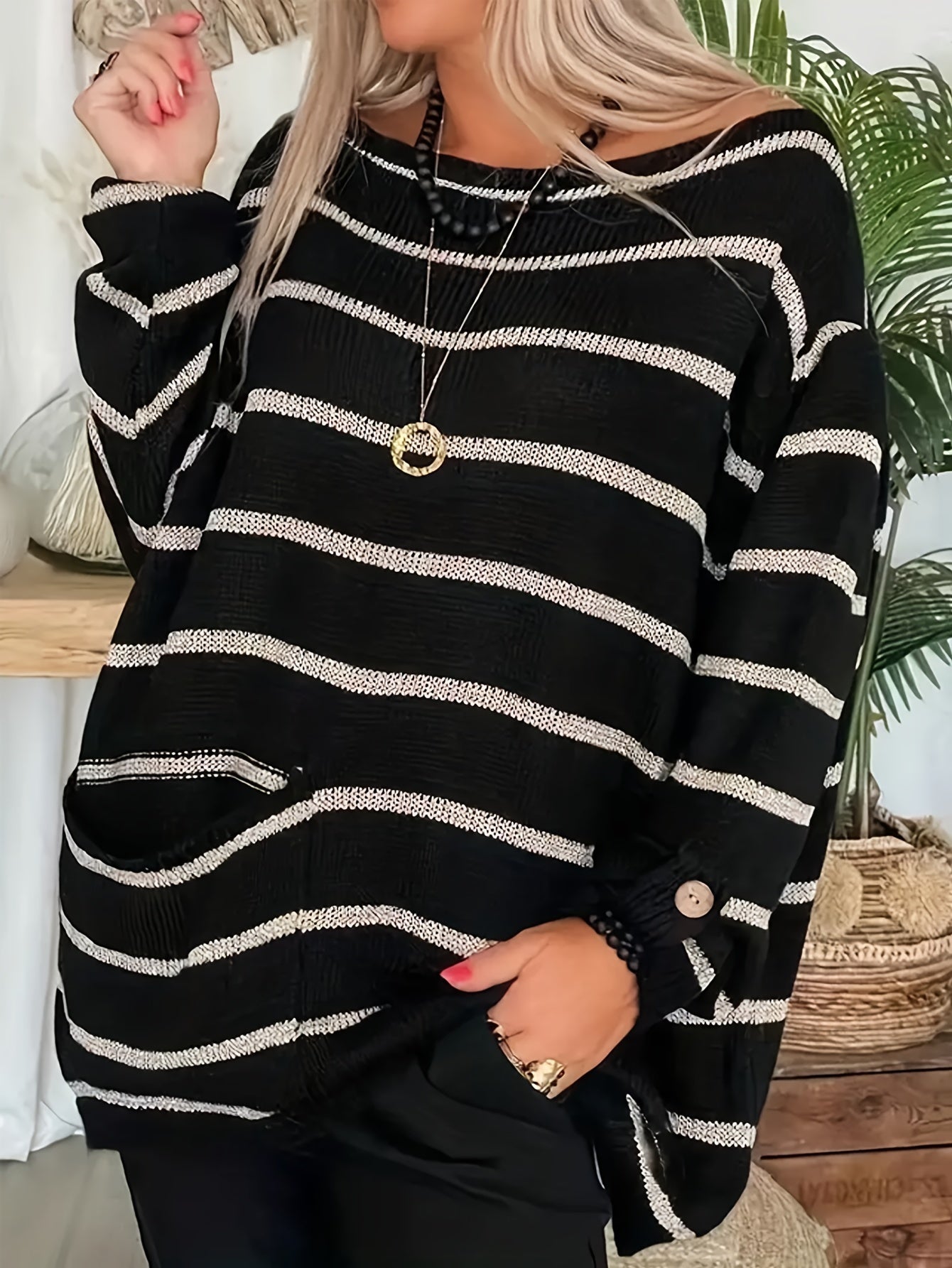  Striped Button Decor Sweater Round Neck Loose Jumper
