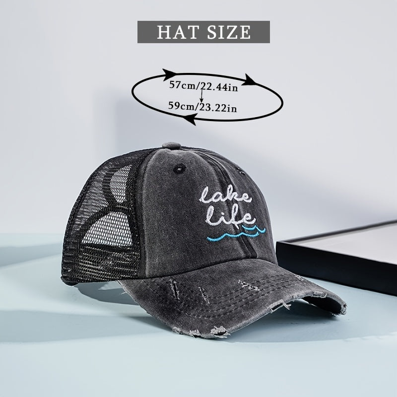 Ponytail Baseball Cap Embroidery Mesh Trucker Hat Women Distressed Dad Hat