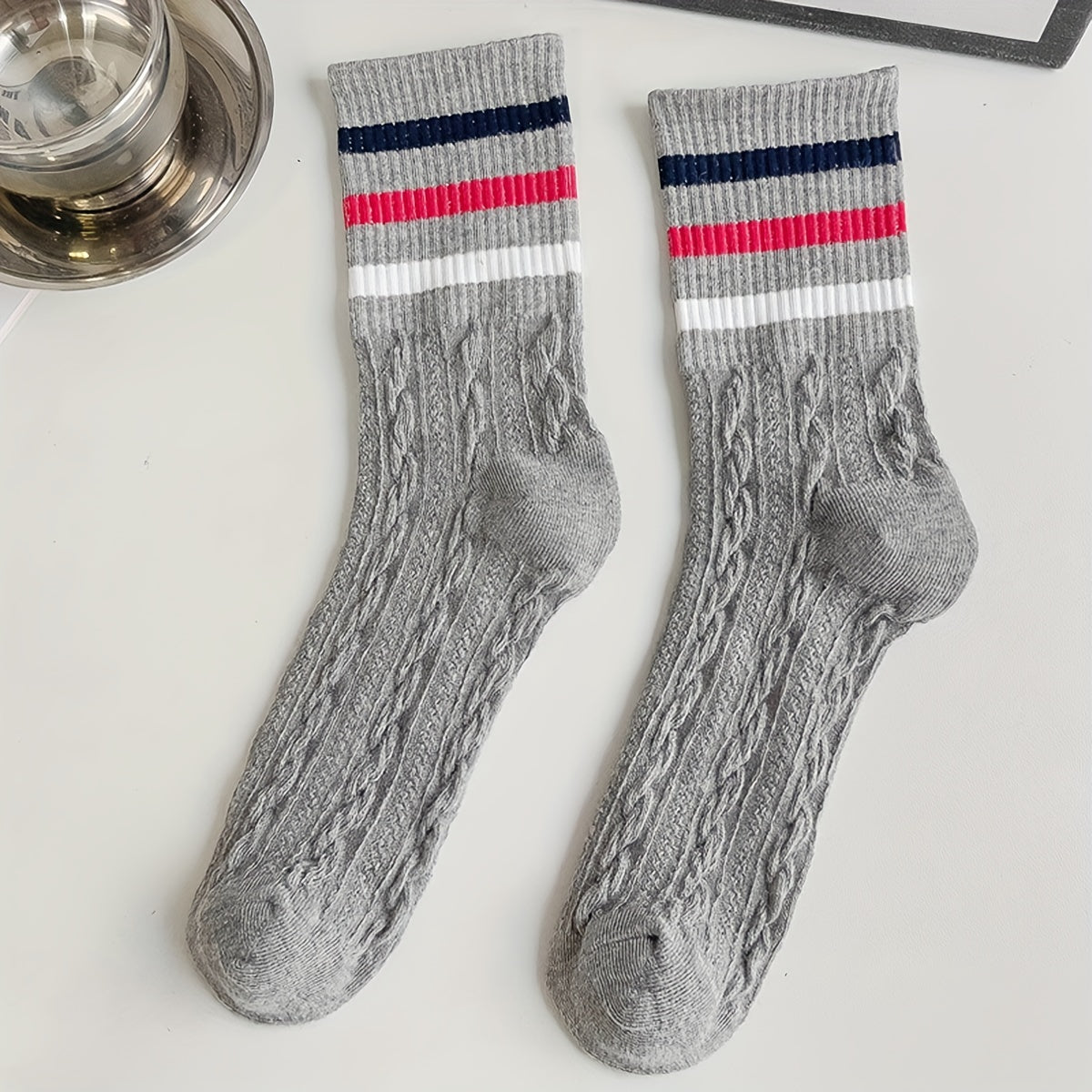 4-Pair Striped Sports Socks for Women Comfortable Mid Tube Stockings